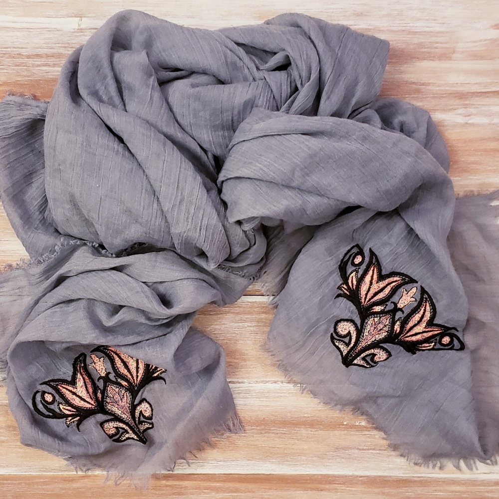 Grey Embroidered Lightweight Scarf